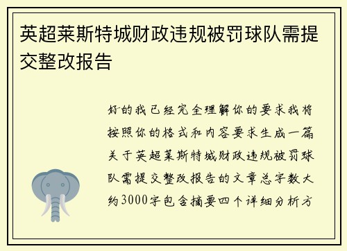 英超莱斯特城财政违规被罚球队需提交整改报告